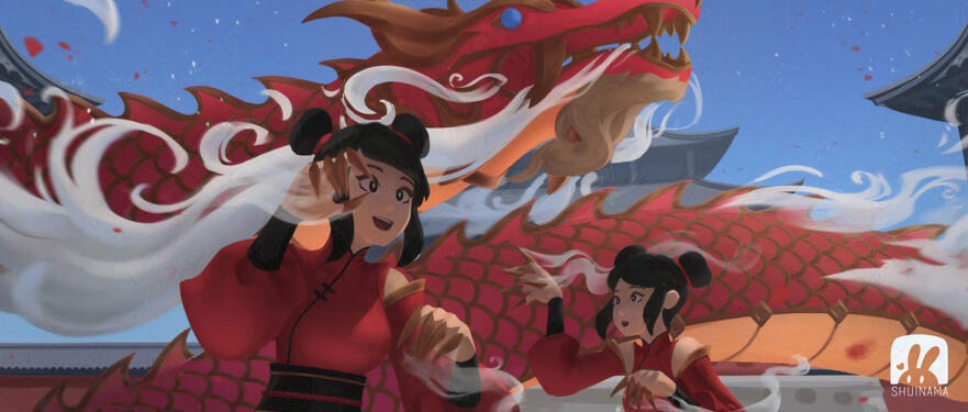 an artwork of two girls performing with a dragon flying through behind them