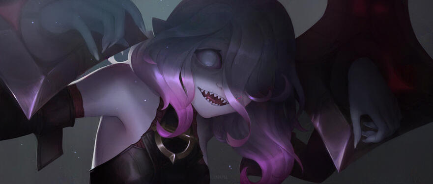 A fan art of Briar from League of Legends, coming out of the shadows with a smile